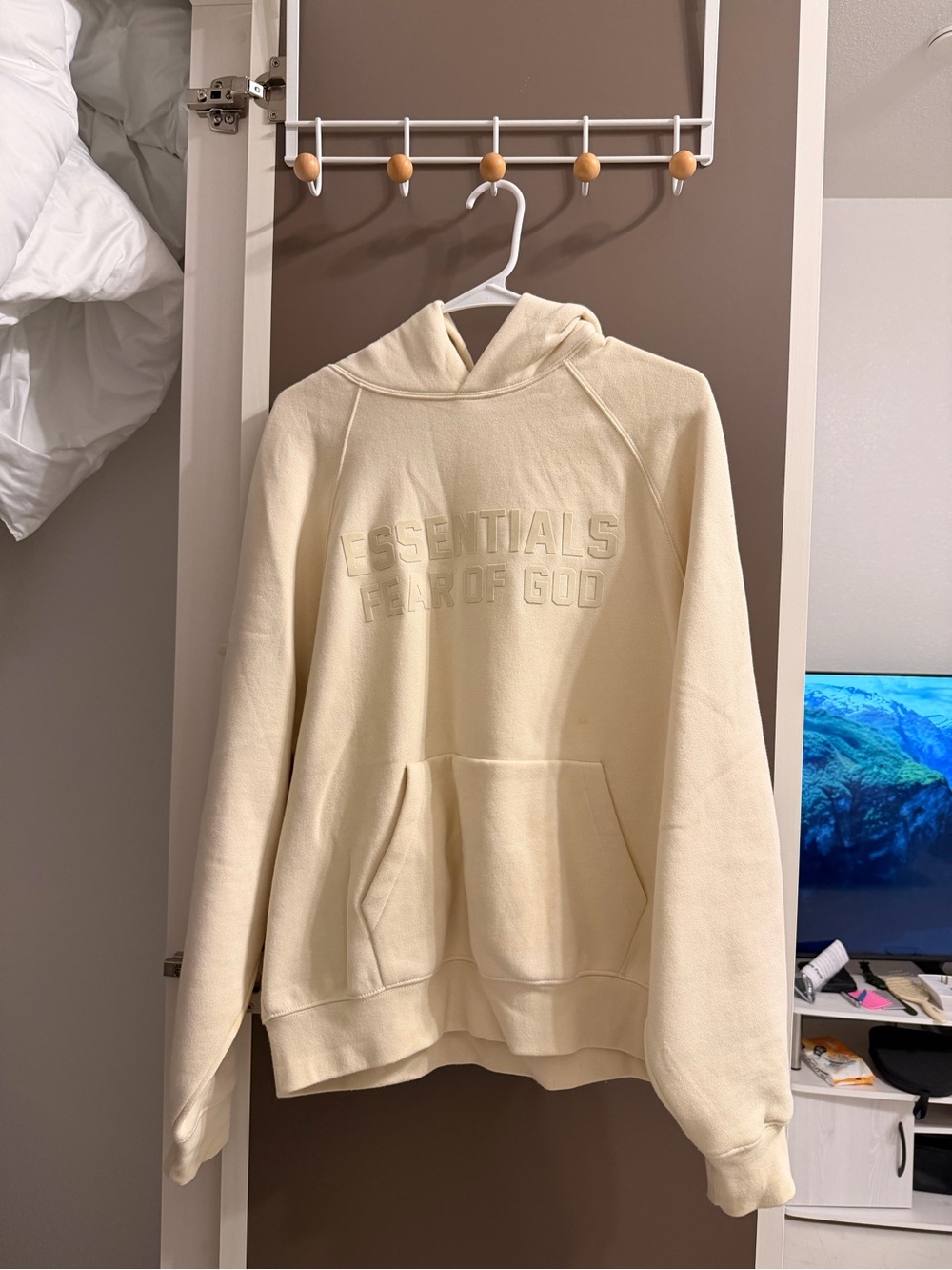Essentials Cream Pullover Hoodie with Rubber Logo Patch